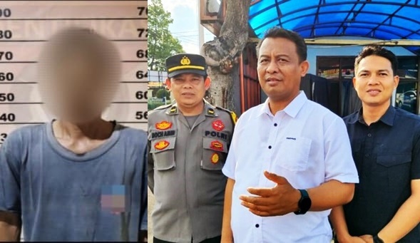 Kasat Reskrim Polres Tegal AKP Suyato, S.H., M.H. saat menjawab pertanyaam awak media terkait pengungkapan kasus pencabulan. Gambar kiri, Tersangka BS, pelaku pencabulan (foto: Humas/Narwan)
